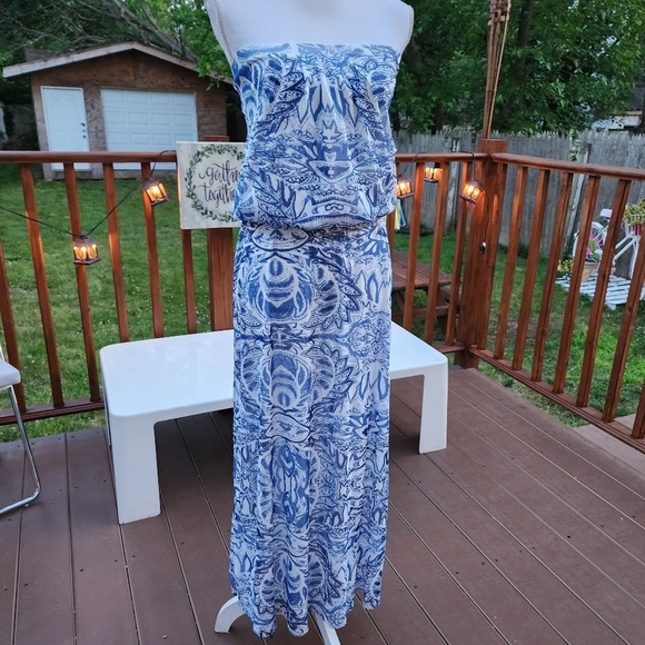 CYNTHIA ROWLEY blue floral print strapless Maxi mesh dress size S - Picture 3 of 15